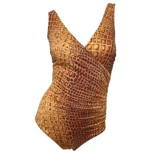 Vintage 90s Bill Blass Swimsuit, Brown and gold animal print.